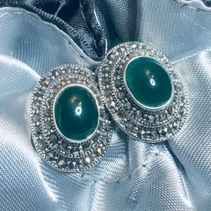 Sterling Silver Genuine Green Agate & Marcasite Earrings